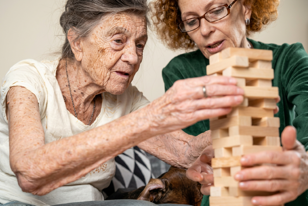 Deux femmes seniors partagent une partie de jeu de construction